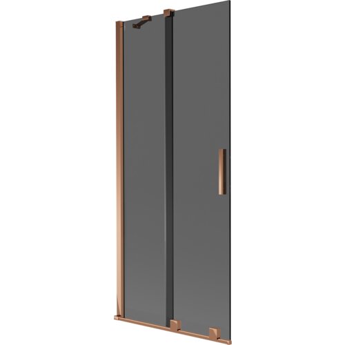 Dwuskrzydłowy parawan nawannowy w kolorze grafitowym z elementami w odcieniu różowego złota, posiada prostokątną, pionową rączkę. Produkt ma elegancki, nowoczesny design z metalowymi wykończeniami.