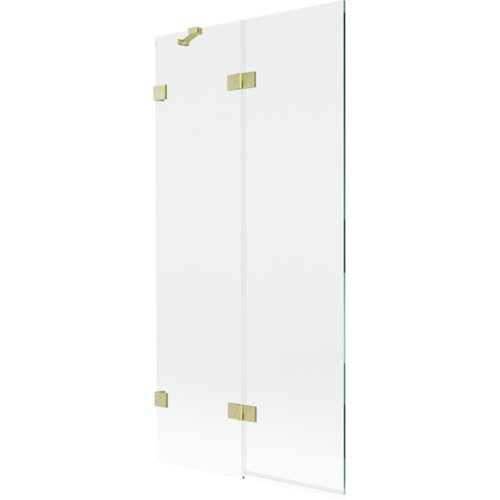 Dwuskrzydłowy parawan nawannowy o wymiarach 90 x 150 cm, wykonany z transparentnego szkła, z elementami w kolorze złotym szczotkowanym. Produkt ma prostą konstrukcję z widocznymi złotymi zawiasami i uchwytem.