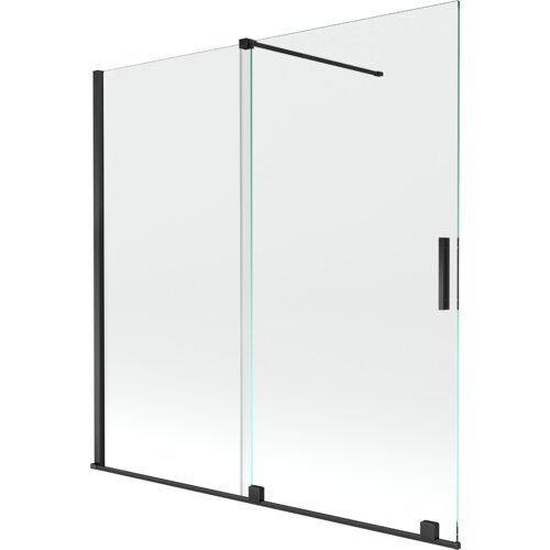 Przesłany obraz przedstawia dwuskrzydłowy, rozsuwany parawan nawannowy o wymiarach 160 x 150 cm, wykonany z przezroczystego szkła z czarnymi elementami konstrukcyjnymi. Produkt ma prosty, nowoczesny design z widocznymi uchwytami i mocowaniami.