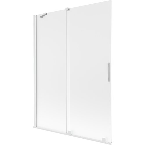 Dwuskrzydłowy, rozsuwany parawan nawannowy o wymiarach 130 x 150 cm, wykonany z matowego szkła w białej ramie, z widocznymi uchwytami i elementami montażowymi. Produkt oznaczony jako "Mexen Velar parawan nawannowy 2-skrzydłowy rozsuwany 130 x 150 cm, szron, biały - 896-130-000-31-20".