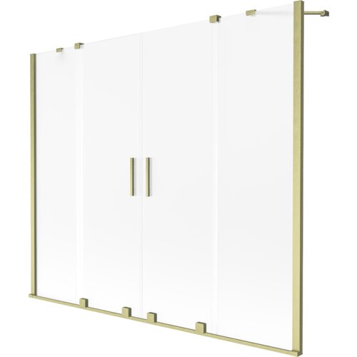 Dwuskrzydłowy parawan nawannowy o wymiarach 200 x 150 cm, wykonany z matowego szkła, z elementami w kolorze złotym szczotkowanym. Produkt posiada prostokątne uchwyty i złote ramy, a jego powierzchnia jest gładka i jednolita.