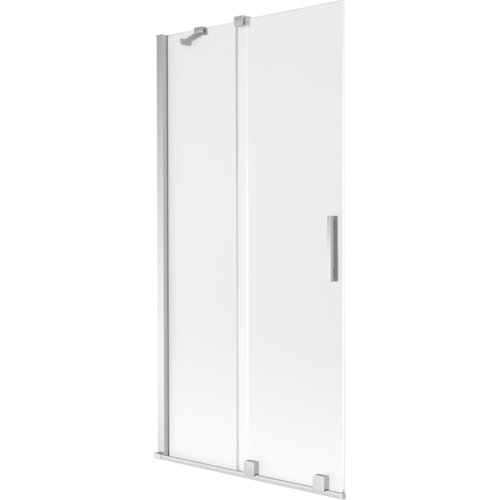 Dwuskrzydłowy, rozsuwany parawan nawannowy o wymiarach 90 x 150 cm, wykonany z mrożonego szkła z chromowanymi elementami. Produkt ma prostokątny uchwyt i metalowe mocowania na górze i dole.