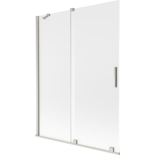 Przesłane zdjęcie przedstawia dwuskrzydłowy, rozsuwany parawan nawannowy o wymiarach 130 x 150 cm, wykonany z matowego szkła i wykończony szczotkowanym niklem. Produkt ma prostokątny kształt z metalowymi uchwytami i mocowaniami.