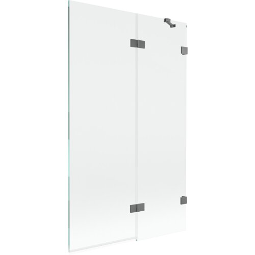 Dwuskrzydłowy, transparentny parawan nawannowy o wymiarach 110 x 150 cm z metalowymi elementami w kolorze gun metal. Produkt ma prostą, nowoczesną konstrukcję z widocznymi zawiasami.