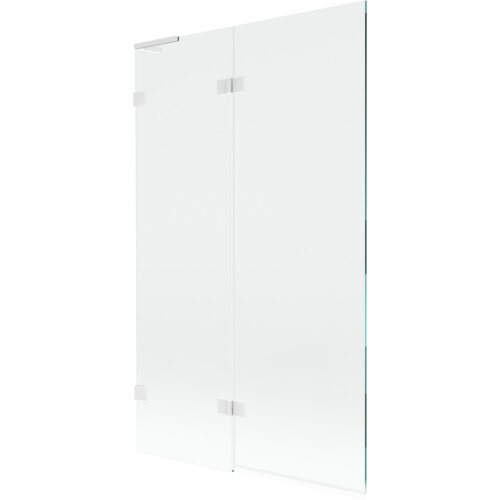 Dwuskrzydłowy, transparentny parawan nawannowy o wymiarach 110 x 150 cm z białymi elementami montażowymi. Produkt ma prosty, nowoczesny design z widocznymi zawiasami.