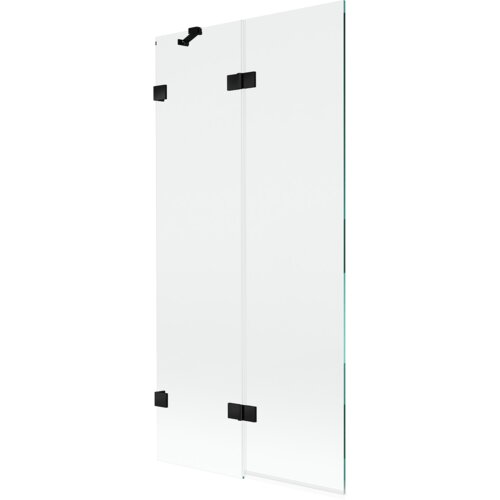 Dwuskrzydłowy, transparentny parawan nawannowy z czarnymi zawiasami i uchwytami, wykonany ze szkła, o wymiarach 90 x 150 cm. Produkt ma prosty, nowoczesny design z wyraźnie zaznaczonymi elementami montażowymi.