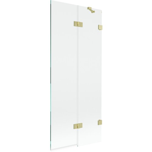 Dwuskrzydłowy parawan nawannowy o wymiarach 80 x 150 cm, wykonany z przezroczystego szkła, z elementami w kolorze złotym szczotkowanym. Produkt ma prostą konstrukcję z widocznymi złotymi zawiasami i uchwytami.