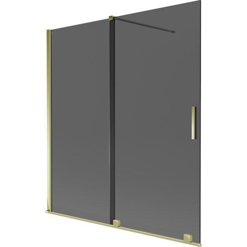 Dwuskrzydłowy, rozsuwany parawan nawannowy w kolorze grafitowym z elementami w złotym odcieniu, o wymiarach 150 x 150 cm. Produkt ma prostokątny kształt z pionowym uchwytem na jednym ze skrzydeł.