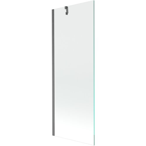 Na zdjęciu znajduje się przezroczysty parawan nawannowy o wymiarach 70 x 150 cm z jednym skrzydłem, w kolorze gun gray szczotkowanym. Produkt ma prostą, nowoczesną konstrukcję z metalowymi elementami mocującymi.
