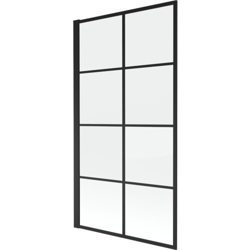 Szklany parawan nawannowy z czarną ramą, podzielony na osiem prostokątnych sekcji przez pionowe i poziome linie. Produkt ma minimalistyczny design z wyraźnymi, geometrycznymi podziałami.