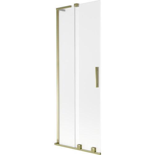 Dwuskrzydłowy, rozsuwany parawan nawannowy o wymiarach 70 x 150 cm, wykonany z przezroczystego szkła z matowym wykończeniem i złotymi elementami montażowymi. Produkt ma prostokątny kształt z pionowym uchwytem na jednym ze skrzydeł.