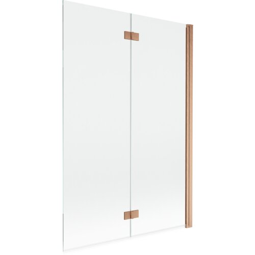 Dwuskrzydłowy parawan nawannowy o wymiarach 120 x 150 cm, wykonany z transparentnego szkła z elementami w kolorze miedzi szczotkowanej. Produkt ma prostą konstrukcję z widocznymi zawiasami i uchwytem.