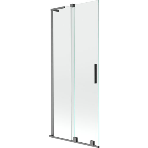 Dwuskrzydłowy, rozsuwany parawan nawannowy o wymiarach 85 x 150 cm, wykonany z przezroczystego szkła, z elementami w kolorze szczotkowanego szarego metalu. Produkt ma prostokątny uchwyt i metalowe ramy.
