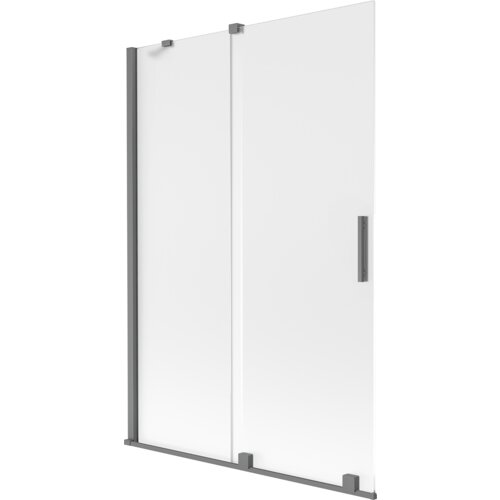 Dwuskrzydłowy, rozsuwany parawan nawannowy o wymiarach 120 x 150 cm, wykonany z matowego szkła w kolorze gun metal, z prostokątnym uchwytem. Produkt ma minimalistyczny design z metalowymi elementami montażowymi.