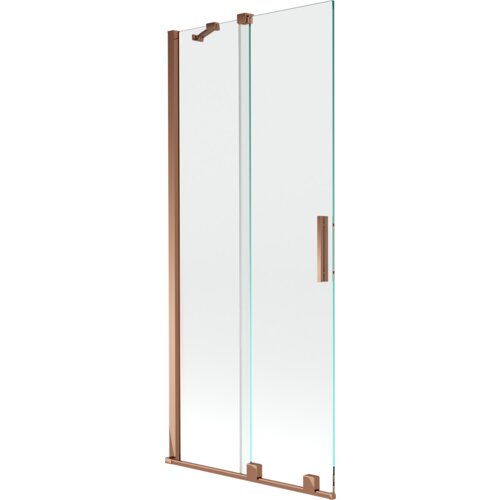 Dwuskrzydłowy, rozsuwany parawan nawannowy o wymiarach 85 x 150 cm, wykonany z przezroczystego szkła, z elementami w kolorze różowego złota. Produkt ma prostokątny uchwyt i metalowe okucia.