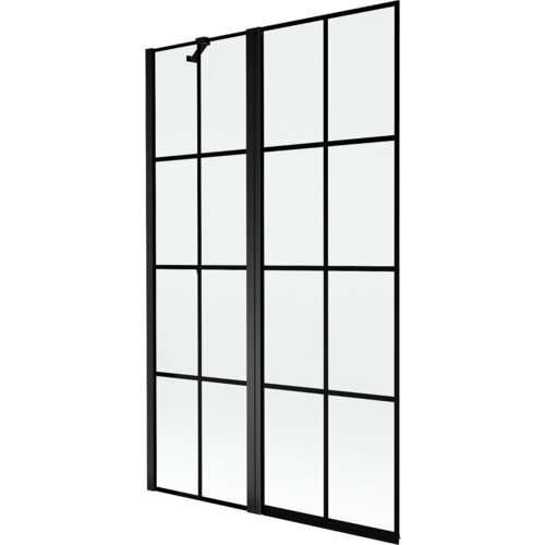 Dwuskrzydłowy parawan nawannowy z czarną kratką, wykonany ze szkła, o wymiarach 110 x 150 cm. Produkt ma elegancką, nowoczesną konstrukcję z wyraźnymi, czarnymi liniami dzielącymi powierzchnię na prostokątne segmenty.