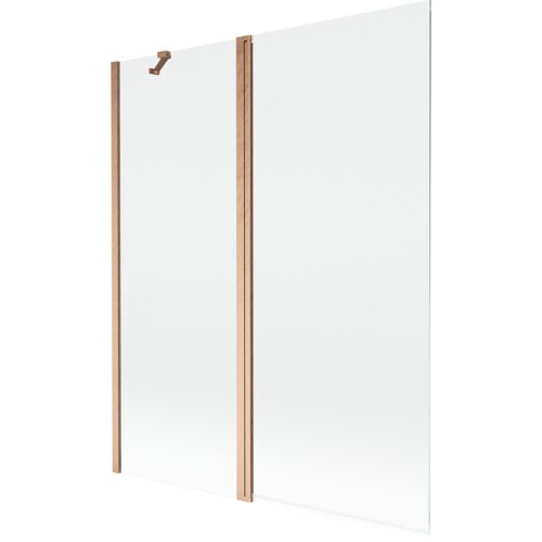 Przesłane zdjęcie przedstawia dwuskrzydłowy, transparentny parawan nawannowy z miedzianymi, szczotkowanymi elementami. Produkt ma wymiary 140 x 150 cm.