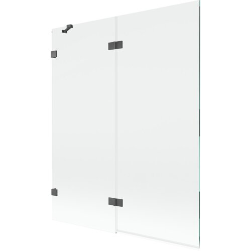 Przezroczysty parawan nawannowy z dwoma skrzydłami, wykonany ze szkła, z metalowymi zawiasami w kolorze gun gray szczotkowanym. Produkt ma wymiary 140 x 150 cm.