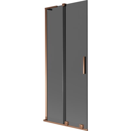 Dwuskrzydłowy parawan nawannowy w kolorze grafitowym z elementami w odcieniu różowego złota, posiada prostokątną, pionową rączkę. Produkt ma minimalistyczny design z przesuwanymi panelami.
