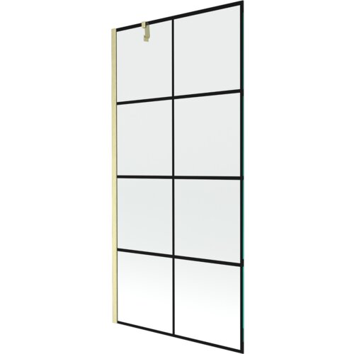 Przesłany obraz przedstawia jednoskrzydłowy parawan nawannowy o wymiarach 90 x 150 cm z czarną kratką i złotym szczotkowanym wykończeniem. Produkt ma prostokątny kształt z widocznymi pionowymi i poziomymi liniami tworzącymi kratkę.