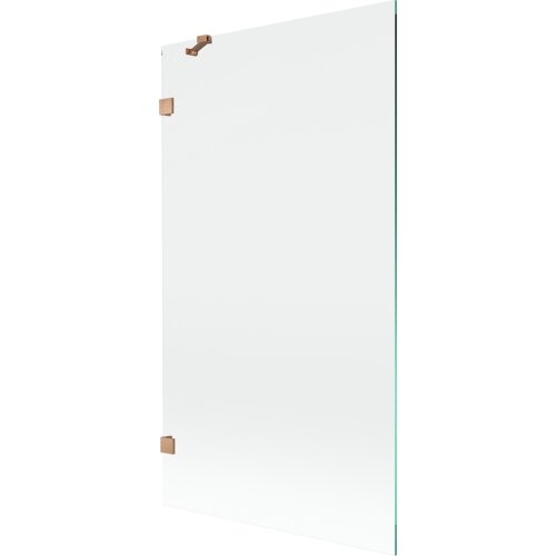 Przezroczysty parawan nawannowy z jednym skrzydłem, o wymiarach 100 x 150 cm, z elementami w kolorze miedzi szczotkowanej. Produkt jest prosty w formie, z widocznymi metalowymi mocowaniami.