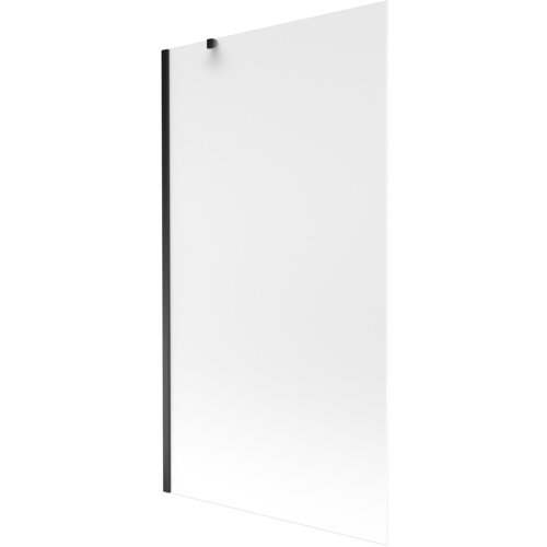 Przedstawiony jest szklany parawan nawannowy o matowej powierzchni z czarną ramą i uchwytem. Produkt ma prostokątny kształt i minimalistyczny design.