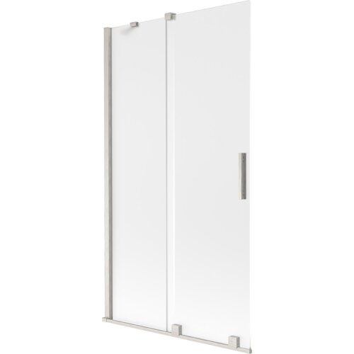 Dwuskrzydłowy, rozsuwany parawan nawannowy o wymiarach 100 x 150 cm, wykonany z mrożonego szkła i wykończony w niklu szczotkowanym. Produkt ma prostokątny kształt z metalowymi elementami mocującymi i uchwytem.