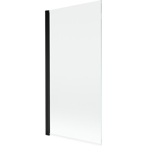 Przeźroczysty parawan nawannowy z czarną ramą, o prostokątnym kształcie i gładkiej powierzchni. Produkt ma minimalistyczny design i jest wykonany z przezroczystego szkła.