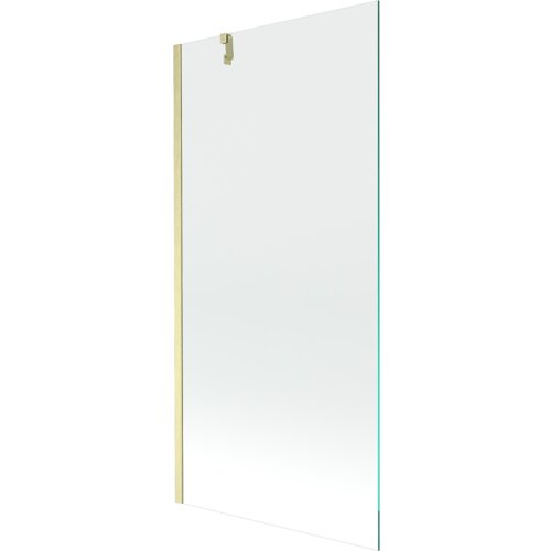 Przezroczysty parawan nawannowy z jednym skrzydłem, o wymiarach 90 x 150 cm, z elementami w kolorze złotym szczotkowanym. Produkt ma prostą, minimalistyczną konstrukcję z widocznym uchwytem montażowym.