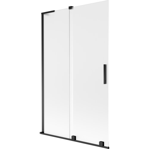 Dwuskrzydłowy, rozsuwany parawan nawannowy o wymiarach 110 x 150 cm, wykonany z matowego szkła z czarnymi elementami konstrukcyjnymi. Produkt ma prosty, nowoczesny design z pionowym uchwytem na jednym ze skrzydeł.