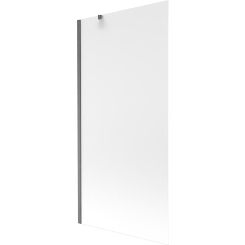 Przedstawiony jest szklany parawan nawannowy o wymiarach 90 x 150 cm z matowym wykończeniem i szczotkowanym profilem w kolorze gun gray. Produkt ma prostą, nowoczesną formę z jednym skrzydłem.