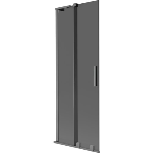 Dwuskrzydłowy, rozsuwany parawan nawannowy w kolorze grafitowym z metalicznym wykończeniem, posiada prostokątną, pionową rączkę. Produkt ma nowoczesny design i jest wykonany z przezroczystego materiału z ciemnymi ramami.
