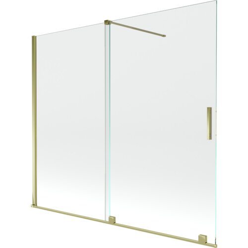 Przeszklony parawan nawannowy o dwóch skrzydłach, wykonany z transparentnego szkła, z elementami w kolorze złotym, w tym uchwytem i ramą. Produkt ma minimalistyczny design i prostokątny kształt.