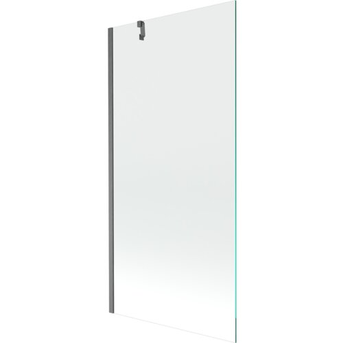 Przesłane zdjęcie przedstawia przezroczysty, jednoskrzydłowy parawan nawannowy o wymiarach 90 x 150 cm z metalowym uchwytem i szczotkowanym wykończeniem w kolorze gun gray. Produkt ma prostą, nowoczesną formę z widocznym mocowaniem na górze.