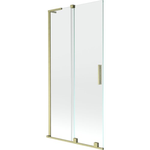 Dwuskrzydłowy, rozsuwany parawan nawannowy o wymiarach 90 x 150 cm, wykonany z transparentnego szkła, z ramą i uchwytem w kolorze złotym szczotkowanym. Produkt ma prosty, nowoczesny design z metalowymi elementami konstrukcyjnymi.