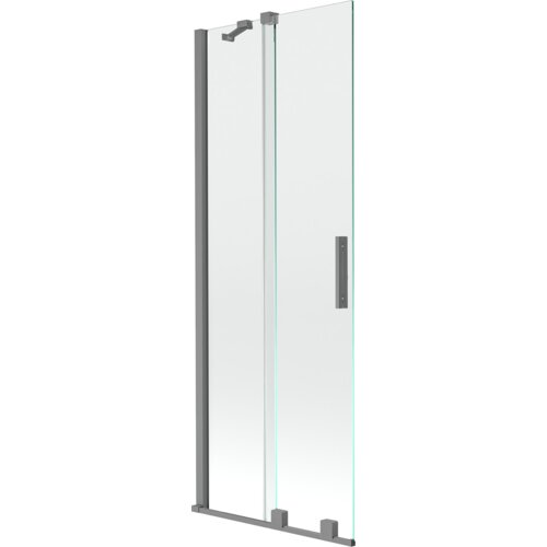 Dwuskrzydłowy, rozsuwany parawan nawannowy o wymiarach 75 x 150 cm, wykonany z przezroczystego szkła, z metalowymi elementami w kolorze gun metal. Produkt posiada prostokątny uchwyt oraz mocowania w górnej i dolnej części.