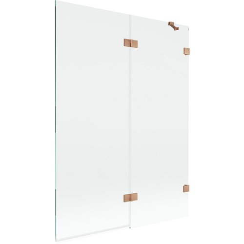 Przezroczysty parawan nawannowy dwuskrzydłowy z miedzianymi, szczotkowanymi elementami mocującymi. Produkt ma wymiary 130 x 150 cm.