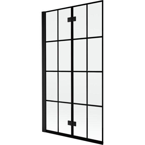 Dwuskrzydłowy parawan nawannowy z czarną kratką, wykonany ze szkła, o wymiarach 100 x 150 cm. Produkt ma czarne ramy i zawiasy, które dzielą powierzchnię na prostokątne segmenty.