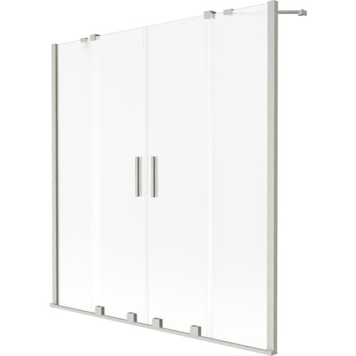 Dwuskrzydłowy parawan nawannowy o wymiarach 150 x 150 cm, wykonany z przezroczystego szkła z matowym wykończeniem i szczotkowanymi niklowanymi elementami. Produkt posiada dwa pionowe uchwyty umieszczone na środku.