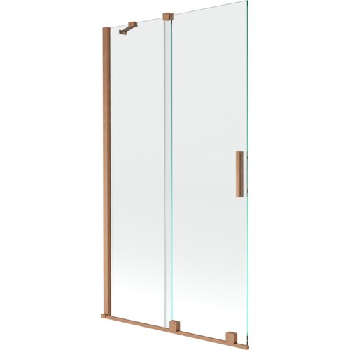Dwuskrzydłowy, rozsuwany parawan nawannowy o wymiarach 100 x 150 cm, wykonany z przezroczystego szkła z elementami w kolorze miedzi szczotkowanej. Produkt posiada prostokątną, pionową rączkę oraz metalowe mocowania.