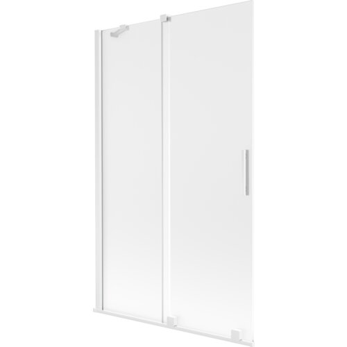 Dwuskrzydłowy, rozsuwany parawan nawannowy o wymiarach 110 x 150 cm, wykonany z matowego szkła w białej ramie. Produkt ma prosty uchwyt i minimalistyczny design.
