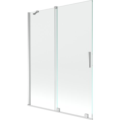 Dwuskrzydłowy, rozsuwany parawan nawannowy o wymiarach 130 x 150 cm, wykonany z przezroczystego szkła z chromowanymi elementami. Produkt ma prosty, nowoczesny design z metalowymi uchwytami i mocowaniami.