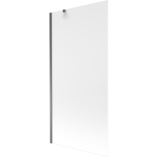 Przedstawiony jest szklany parawan nawannowy o matowym wykończeniu, z metalowym uchwytem i ramą w kolorze gun metal. Produkt ma prostokątny kształt i minimalistyczny design.