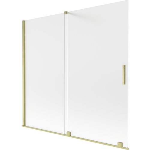 Dwuskrzydłowy, rozsuwany parawan nawannowy o wymiarach 170 x 150 cm, wykonany z matowego szkła z elementami w kolorze złotym szczotkowanym. Produkt ma prostokątny kształt z uchwytem na jednym ze skrzydeł.