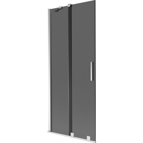 Dwuskrzydłowy, rozsuwany parawan nawannowy w kolorze grafitowym z chromowanymi elementami, posiada prostokątną, metalową rączkę. Produkt ma nowoczesny design i jest przeznaczony do montażu na wannie.