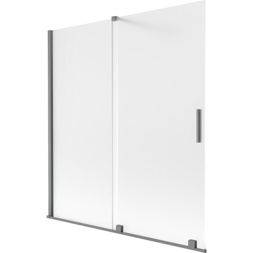 Dwuskrzydłowy, rozsuwany parawan nawannowy o wymiarach 150 x 150 cm, wykonany z matowego szkła w kolorze gun metal, z prostokątnym uchwytem. Produkt ma minimalistyczny design z metalowymi elementami konstrukcyjnymi.