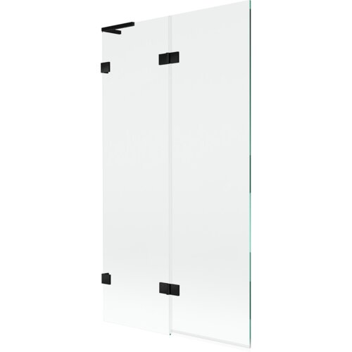 Przezroczysty, dwuskrzydłowy parawan nawannowy z czarnymi zawiasami, o prostokątnym kształcie. Produkt ma minimalistyczny design i jest wykonany z przezroczystego szkła.
