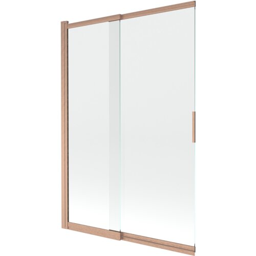 Dwuskrzydłowy, przesuwny parawan nawannowy o wymiarach 120 x 150 cm, wykonany z przezroczystego szkła, z ramą w kolorze szczotkowanej miedzi. Produkt ma prosty, nowoczesny design z pionowym uchwytem na jednym ze skrzydeł.