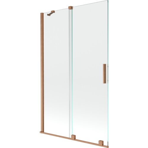 Dwuskrzydłowy, rozsuwany parawan nawannowy o wymiarach 110 x 150 cm, wykonany z przezroczystego szkła z elementami w kolorze szczotkowanej miedzi. Produkt ma prosty, nowoczesny design z metalowymi uchwytami i mocowaniami.