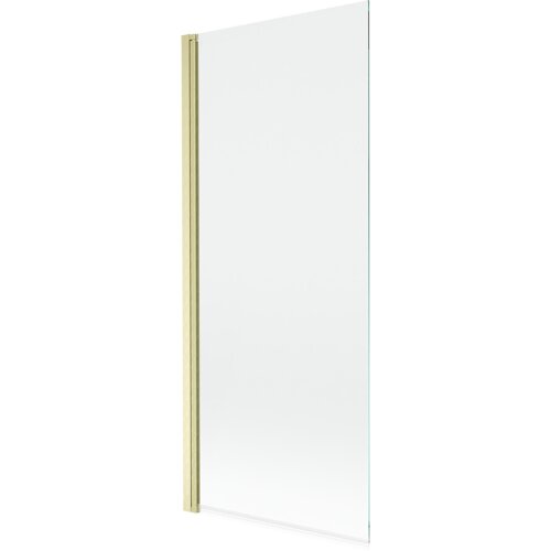 Przezroczysty parawan nawannowy z jednym skrzydłem, o wymiarach 80 x 150 cm, z elementami w kolorze złotym szczotkowanym. Produkt ma prostą, minimalistyczną formę z widocznym złotym profilem.